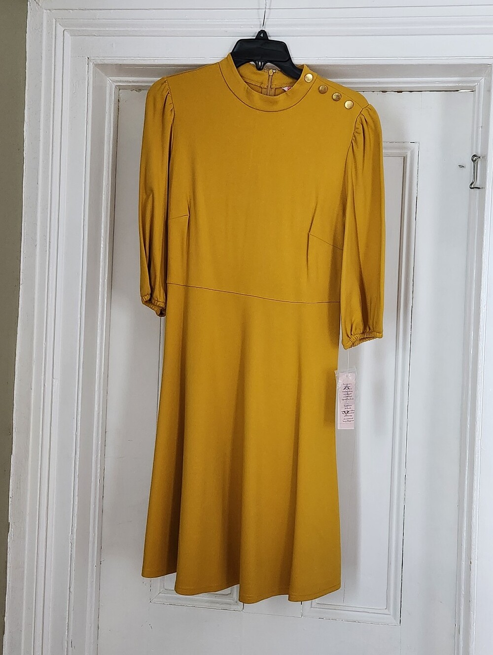 Nanette Lepore Mustard Yellow Midi Dress with Buttoned Shoulder